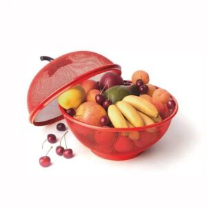 shyam innovations ch-zone Apple Shape Fruit Basket with Net Cover for Kitchen Storage (Large 28.5 cm) | Red Iron Mesh for Fruits & Vegetables, 1L, Freestanding, Accent Shelf (RED)