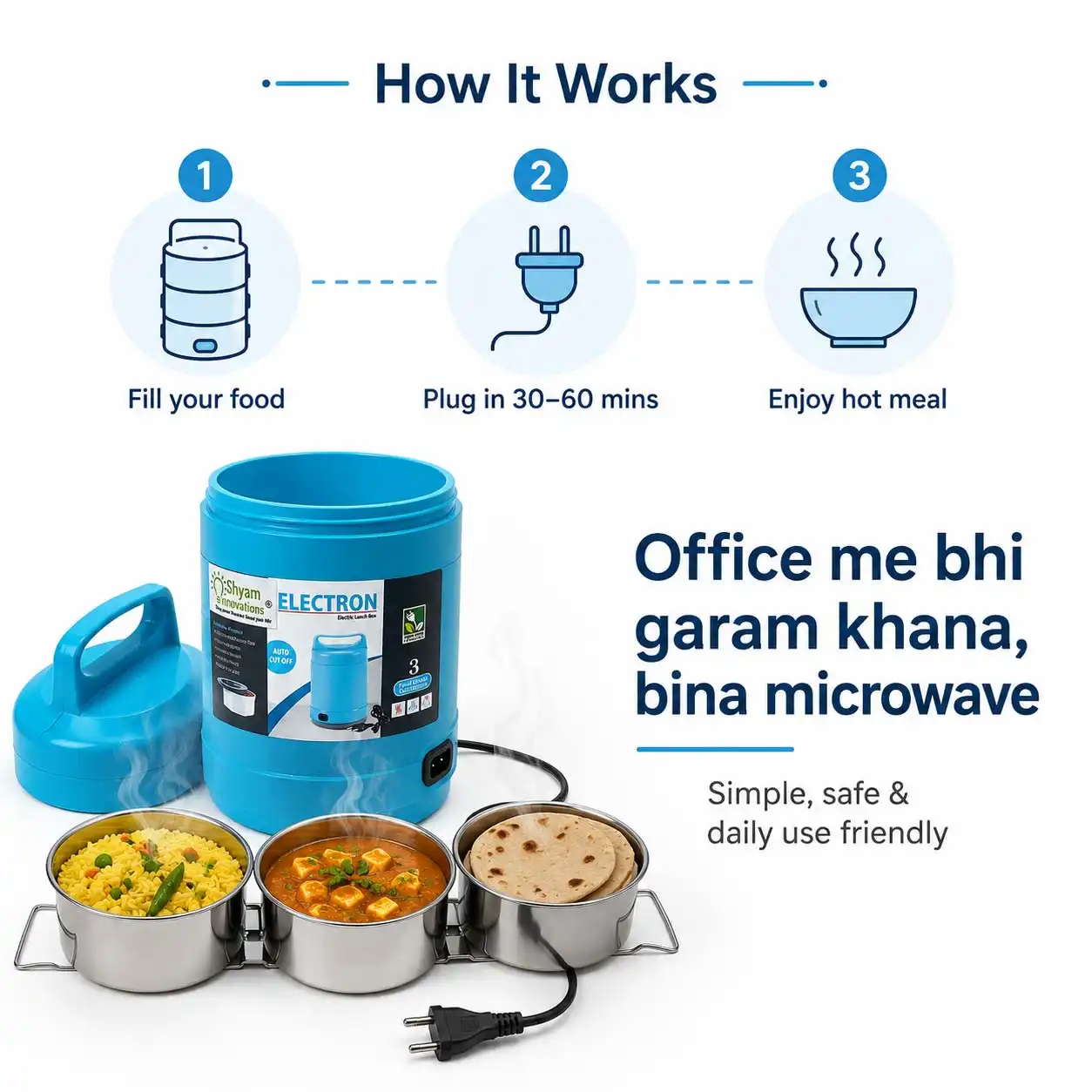 Electric Lunch Box Tiffin with 3 Steel Containers | Smart Food Warmer | Free Cash on Delivery - Image 4