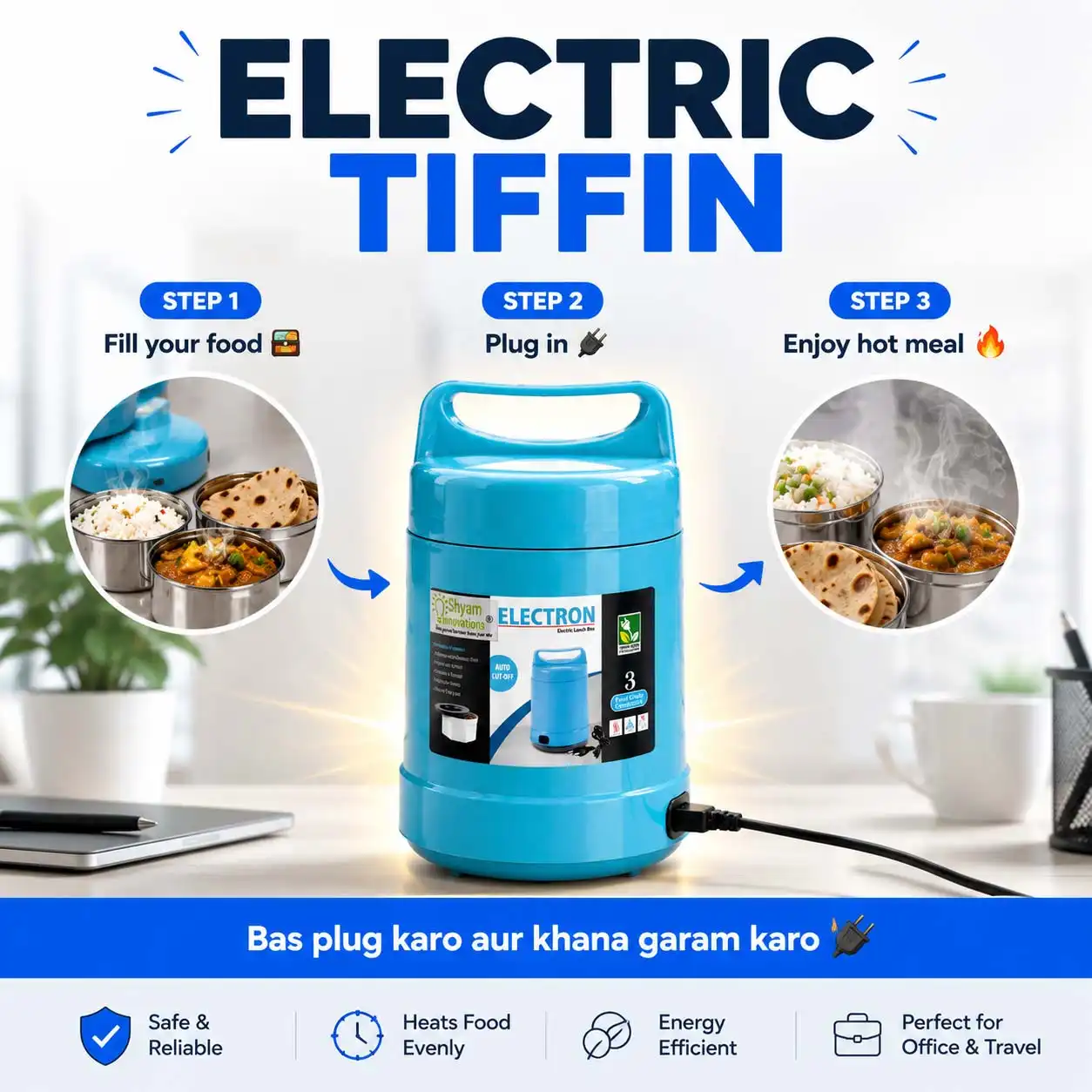 Electric Lunch Box Tiffin with 3 Steel Containers | Smart Food Warmer | Free Cash on Delivery - Image 2
